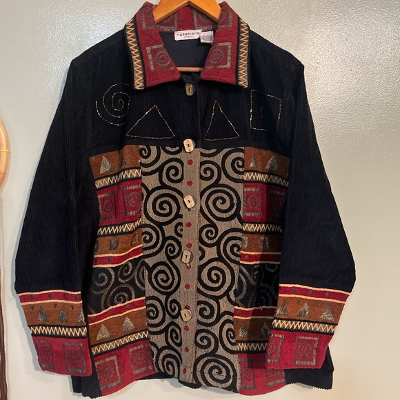 Notations Jackets & Blazers - Vintage Notations Corduroy Artisan Black and Red Jacket Patch Work Cotton 18